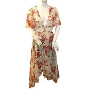 DIZZIRE Medium Open Front Sheer Maxi Cardigan‎ White Red Floral Crochet Lace
